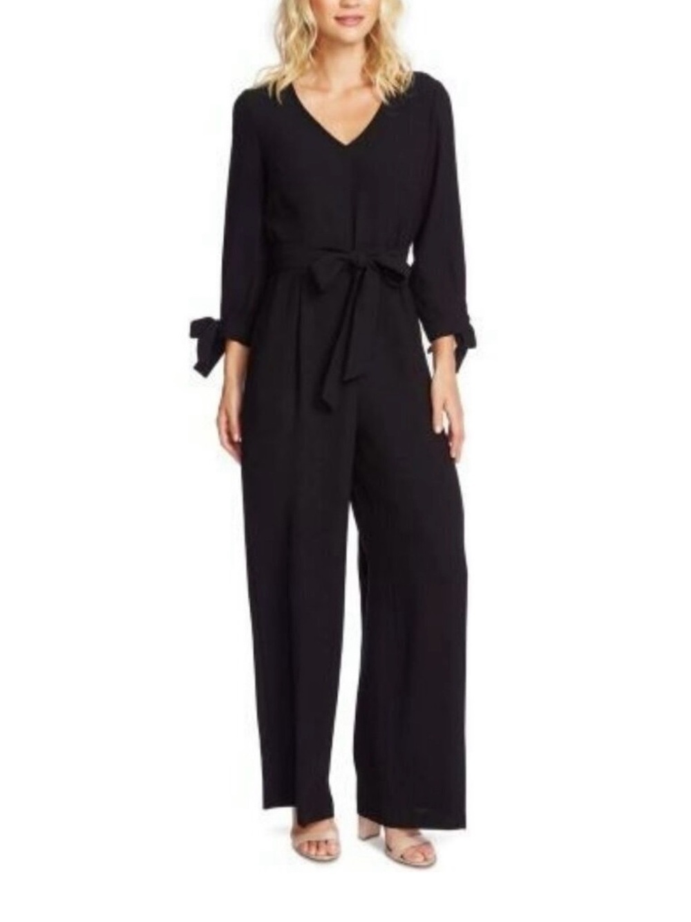 CeCe Black V-Neck Tie-Waist Wide-Leg Jumpsuit